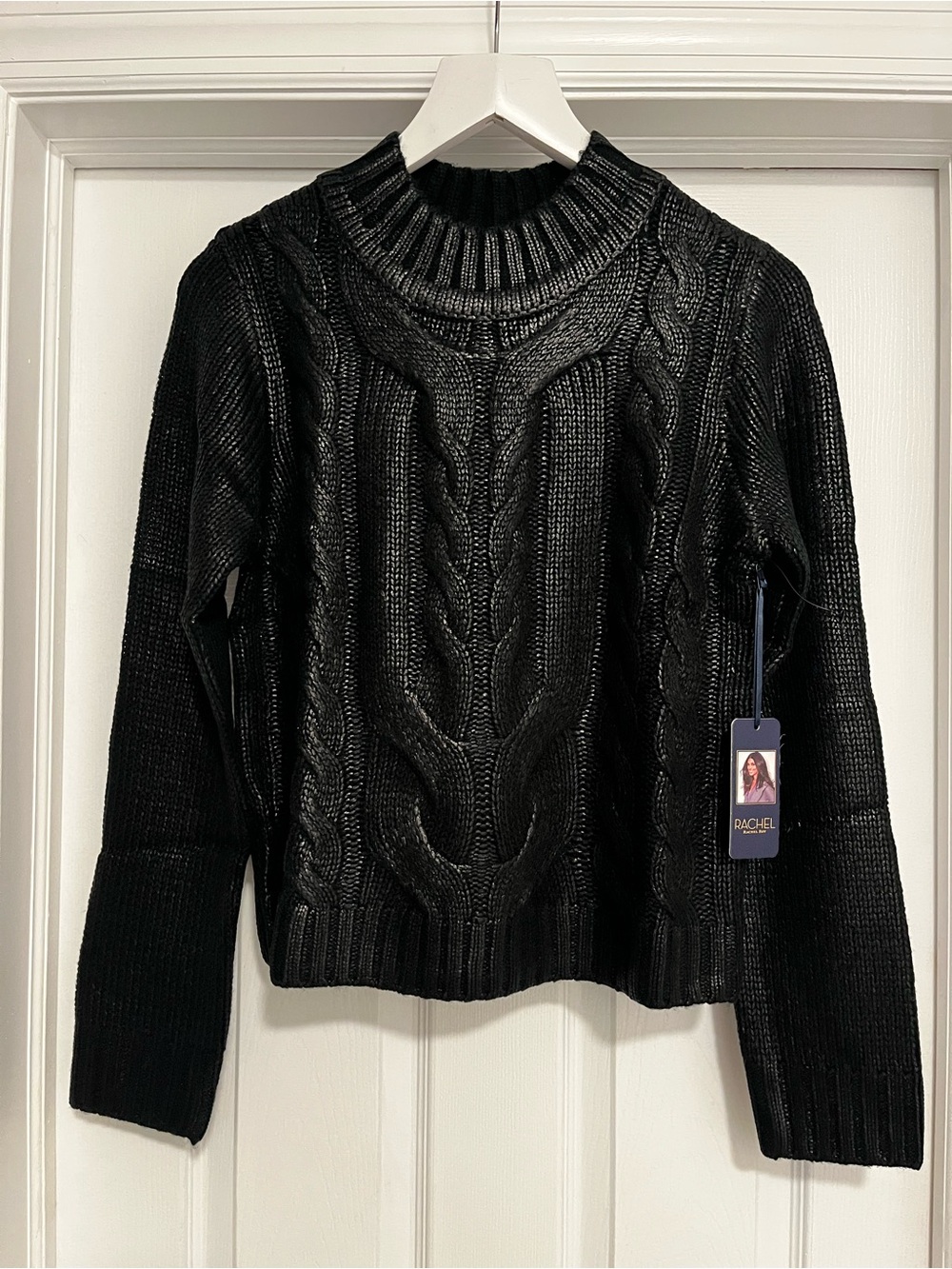 Black Cable-Knit Mock Neck Sweater